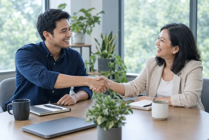 Two people smiling as they shake hands across a desk